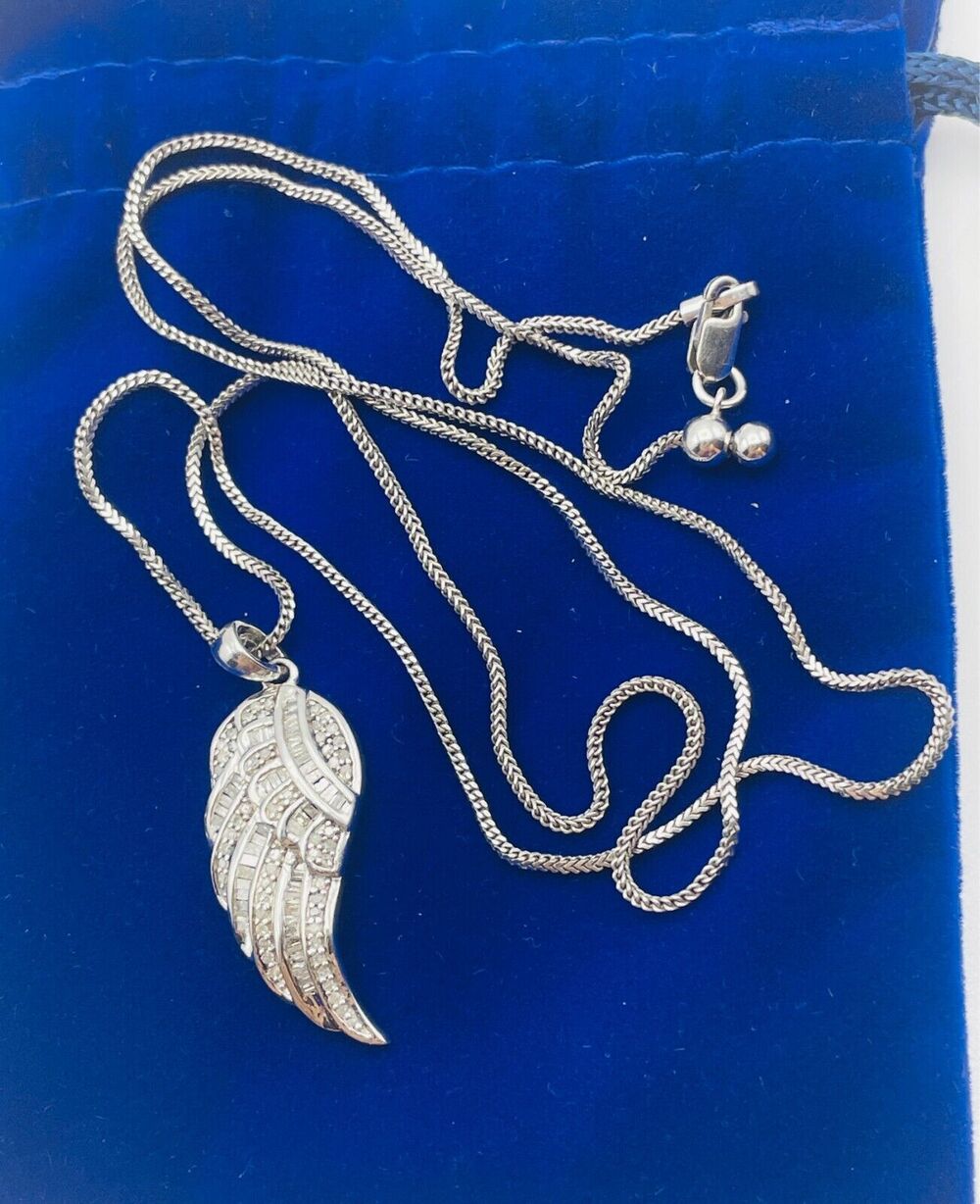Angel Wing 1.25" Pendant 22" Sterling Silver Necklace Lab Created Diamonds 5.94g